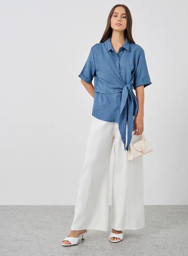 تايك تو Take Two Textured Short Sleeve Wrap Shirt