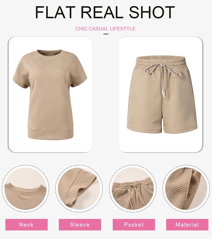 Shein SHEWIN Women Two Piece Outfits Sweat Suit Casual Short Sleeve Summer Tops Matching Loungewear Shorts 2025 Casual Comfy Lounge Sets for Women Loose fit Khaki L - Image 5