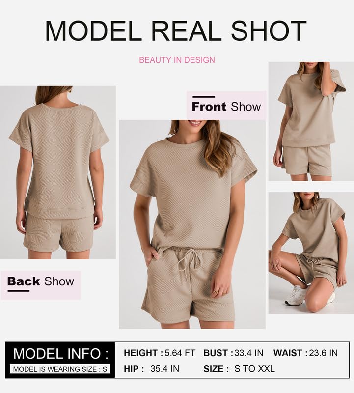 Shein SHEWIN Women Two Piece Outfits Sweat Suit Casual Short Sleeve Summer Tops Matching Loungewear Shorts 2025 Casual Comfy Lounge Sets for Women Loose fit Khaki L - Image 4
