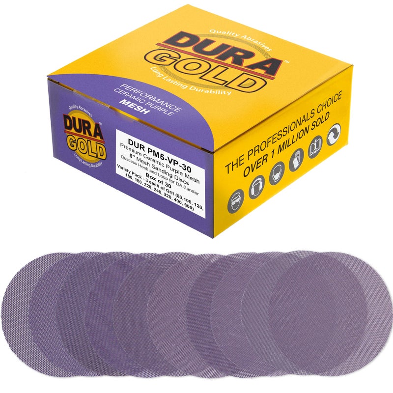 DuraGold Premium 5 Purple Ceramic Mesh Sanding Discs 30 Disc Variety Pack Grits 80 100 120 150 180 220 240 320 400 600 Dustless Hook Loop Backing Sandpaper DA Random Orbital Sander