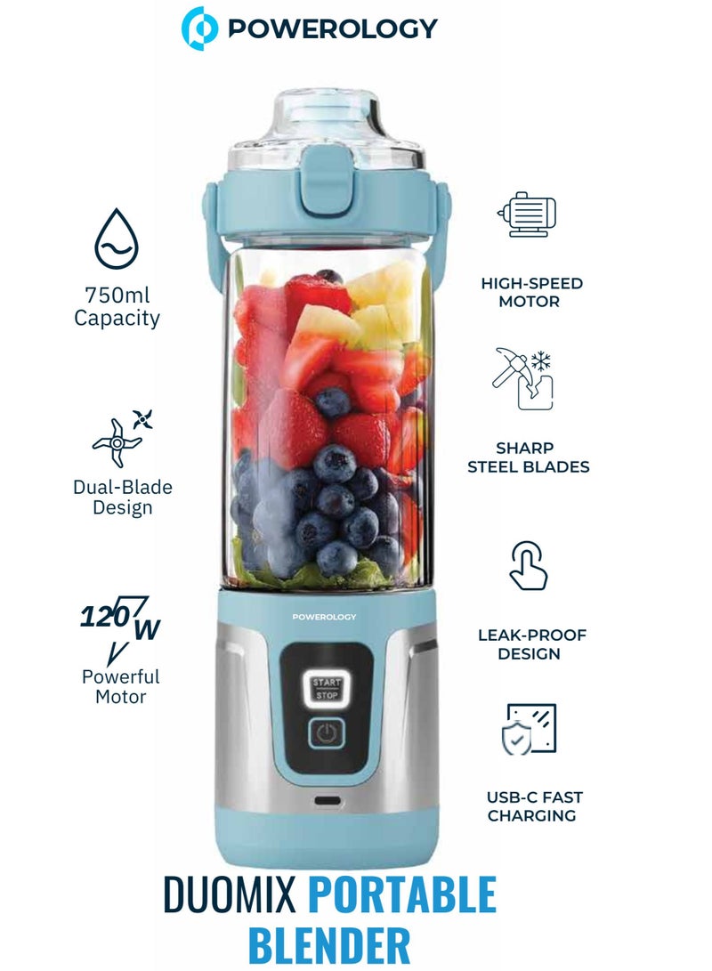 Powerology DUOMIX Portable Blender with 120W High-Speed Motor/ Dual-Blade Design/ USB-C Fast Charging/ 750mL Travel-Friendly Blender/ Ideal for Fruit Smoothies, Shakes & Crushing Ice - Blue - Image 1