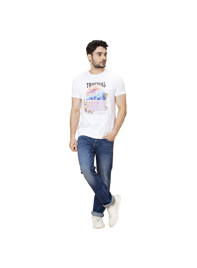 بيينغ هيومان Mens White Round Neck Short Sleeve T-Shirt