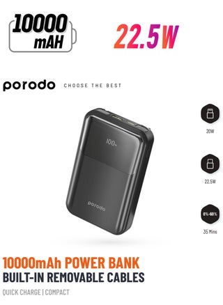 10000mAh - Built-In Removable Cables - Black