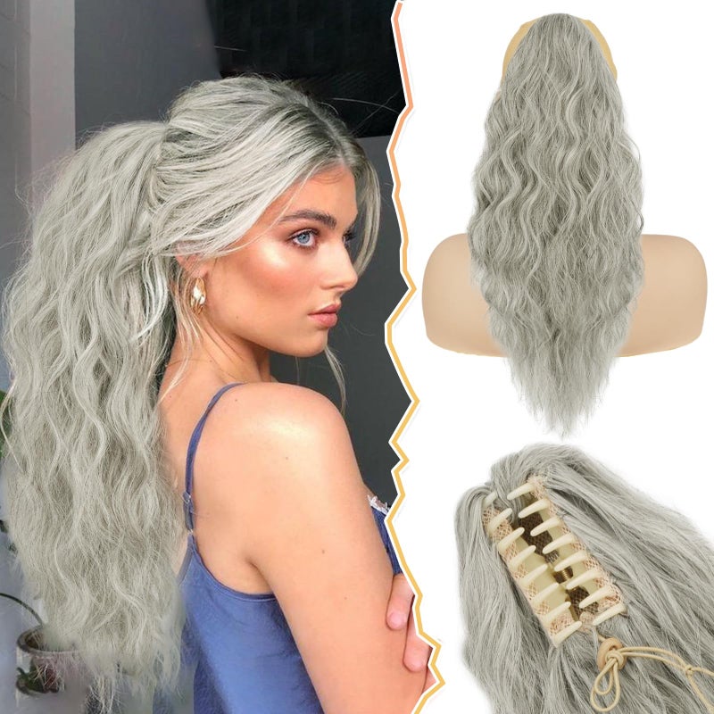 BARSDAR Claw Clip Ponytail Extension - 18 Inch Gray Ponytail Extensions for Women - Curly Wavy Multi Layered Ponytails Synthetic Clip in Pony Tails Hairpieces Daily - Mixed Gray - Image 1