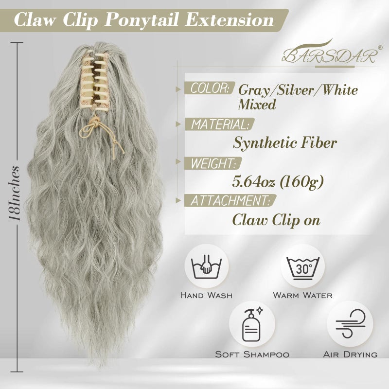 BARSDAR Claw Clip Ponytail Extension - 18 Inch Gray Ponytail Extensions for Women - Curly Wavy Multi Layered Ponytails Synthetic Clip in Pony Tails Hairpieces Daily - Mixed Gray - Image 2