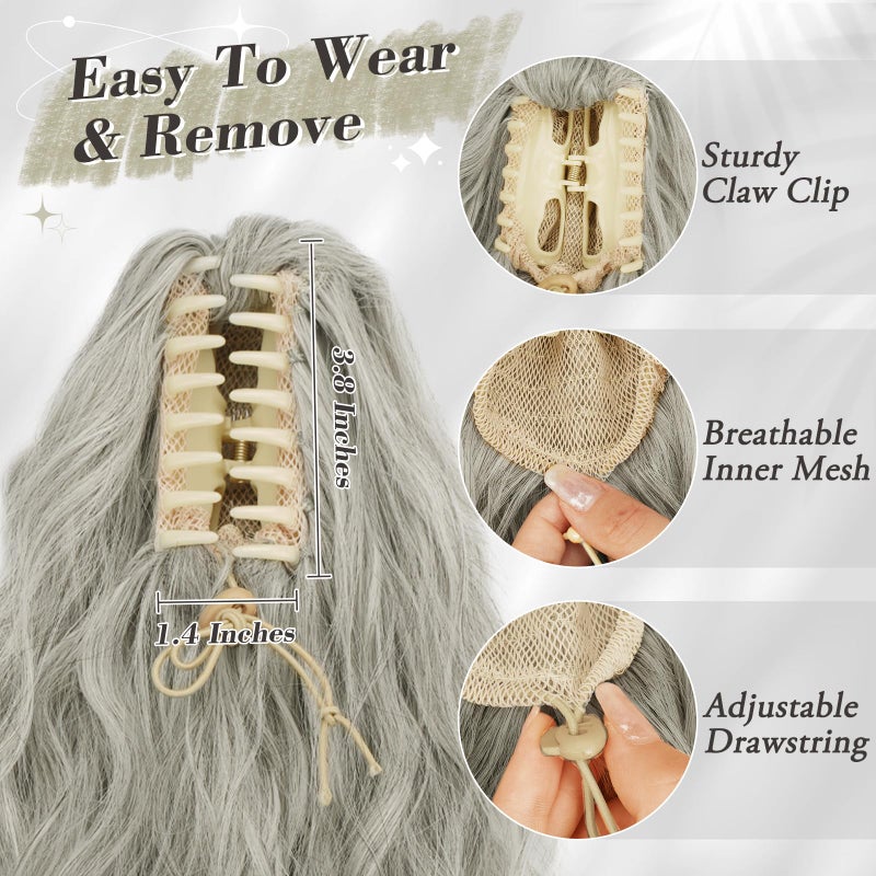 BARSDAR Claw Clip Ponytail Extension - 18 Inch Gray Ponytail Extensions for Women - Curly Wavy Multi Layered Ponytails Synthetic Clip in Pony Tails Hairpieces Daily - Mixed Gray - Image 4