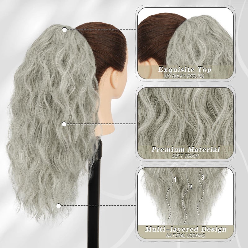 BARSDAR Claw Clip Ponytail Extension - 18 Inch Gray Ponytail Extensions for Women - Curly Wavy Multi Layered Ponytails Synthetic Clip in Pony Tails Hairpieces Daily - Mixed Gray - Image 3