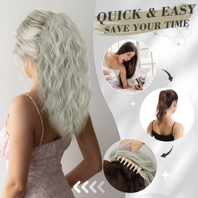 BARSDAR Claw Clip Ponytail Extension - 18 Inch Gray Ponytail Extensions for Women - Curly Wavy Multi Layered Ponytails Synthetic Clip in Pony Tails Hairpieces Daily - Mixed Gray - Image 5