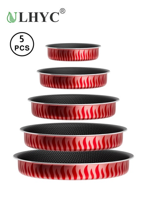Round oven tray set, 5-piece baking tray collection, forged from high-strength aluminum alloy, featuring a non-stick coating and flame anti-slip design. Compatible with ovens, gas, electric, and ceramic stovetops. Includes multiple sizes: 20CM, 28CM, 30CM, 34CM, and 38CM, catering to your diverse cooking needs. Perfect for baking bread and pizza.