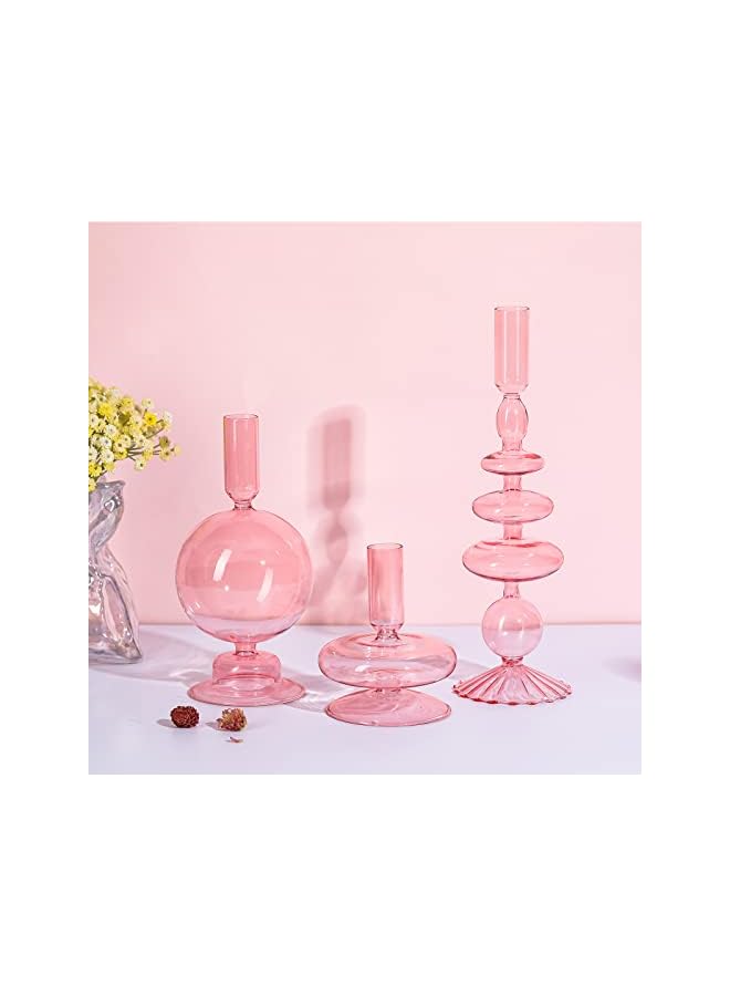 The Bros 3 Pcs Glass Candlestick Holders Glass Taper Candle Holders Groovy Candlestick Wavy Elegant Glass Candlestick for Home Party Centerpiece(Pink) - Image 3