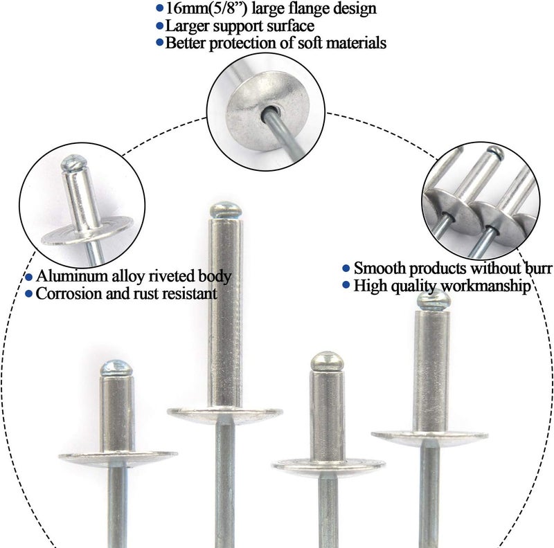 ALLOYPRO 60pcs Large Flange Blind Rivets, Aluminum,Flange Diameter 5/8" (16 mm),Pop Rivets Assortment Kit Blind Rivet,3/16" x 1/2" Inch,Grip Range(4.8-8mm) - Image 3