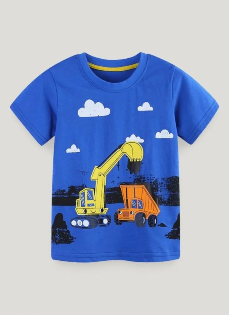 يونيكي Blue Printed Solid Cotton Round Neck T-shirt