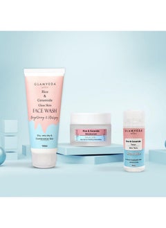 Glamveda Korean Glass Skin Rice & Ceramide 3 Step Daily Skincare Routine For Women Face Wash Toner & Moisturizer  - Image 1