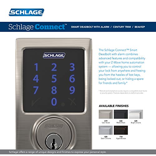 SCHLAGE BE469ZP CEN 625 Connect Smart Deadbolt with alarm with Century Trim in Bright Chrome, Z-Wave Plus enabled, 3 x 8 x 2 inches - Image 3