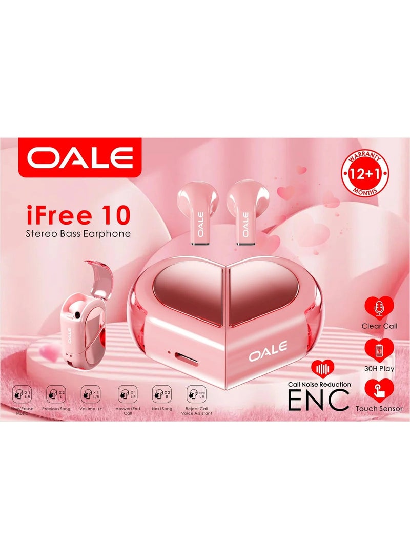أوالي, سماعات أذن لاسلكية OALE ifree 10، لون وردي، خاصية إلغاء الضوضاء النشطة، صوت جهير معزز، متوافقة مع تقنية البلوتوث - Image 1