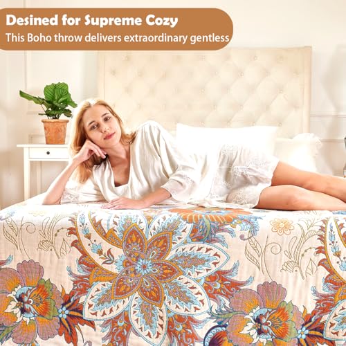 VANJOROY Boho Throw Blanket, 100% Organic Cotton Breathable Skin-Friendly Ultra Soft Bed Quilt Throw - All Season Floral Bird Farmhouse Décor Luxury Blanket for Sofa Couch Chair and Gift. 60" x 80" - Image 3
