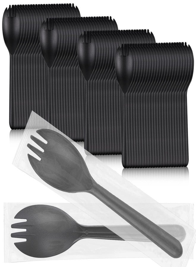 EUSOAR Plastic Fork Spoons, 100pcs Disposable Sporks 5.5"x1.2" Heavyweight Utensils Set, Serving Spoon Ice Cream Chocolate Dessert for Catering Gathering Party-Black, Individually Wrapped - Image 1
