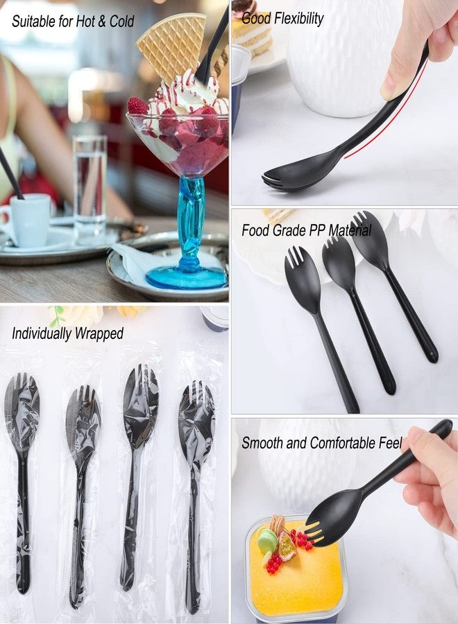 EUSOAR Plastic Fork Spoons, 100pcs Disposable Sporks 5.5"x1.2" Heavyweight Utensils Set, Serving Spoon Ice Cream Chocolate Dessert for Catering Gathering Party-Black, Individually Wrapped - Image 3