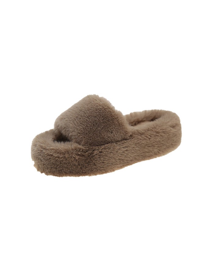 Furry Slippers For Women Autumn And Winter New Korean Style One-word Cotton Slippers Flat Internet Celebrity Home Slippers For Women
