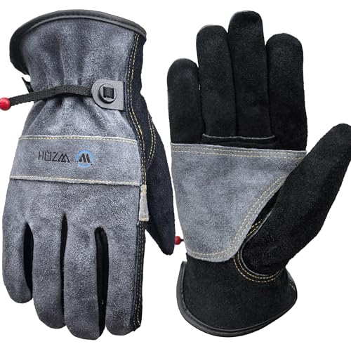 WZQH Leather Work Gloves for Men or Women Large Glove for Gardening TigMig Welding Construction Chainsaw Farm Ranch etc Cowhide Cotton Lined Utility Firm Grip Durable GreyBlack L - Image 1