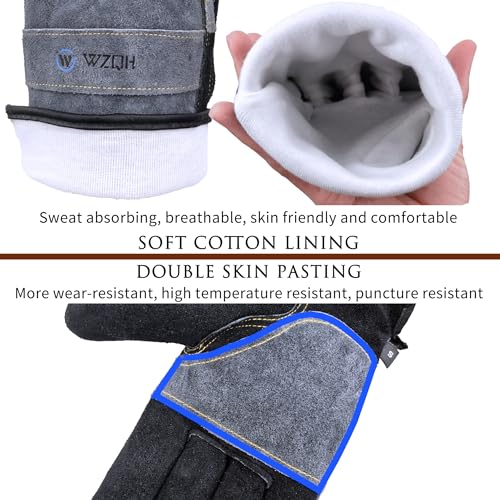 WZQH Leather Work Gloves for Men or Women Large Glove for Gardening TigMig Welding Construction Chainsaw Farm Ranch etc Cowhide Cotton Lined Utility Firm Grip Durable GreyBlack L - Image 3