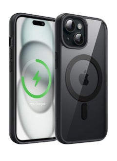 ESCASE Magnetic Cover for iPhone 15 Plus 6.7 Inches Compatible with MagSafe, Mobile Phone Bumper Case, Solid Matte Colour TPU Frame, Anti-Scratch Back Transparent -Black  - Image 1
