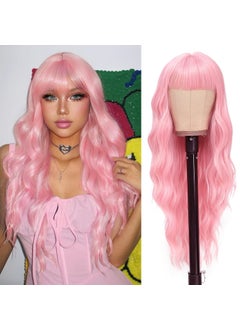 NAYOO NAYOO Pink Wigs with Bangs for Women Long Curly Wavy Hair Wigs Heat Resistant Synthetic Fiber Wigs for Daily Party Use 26 Inches Pink 