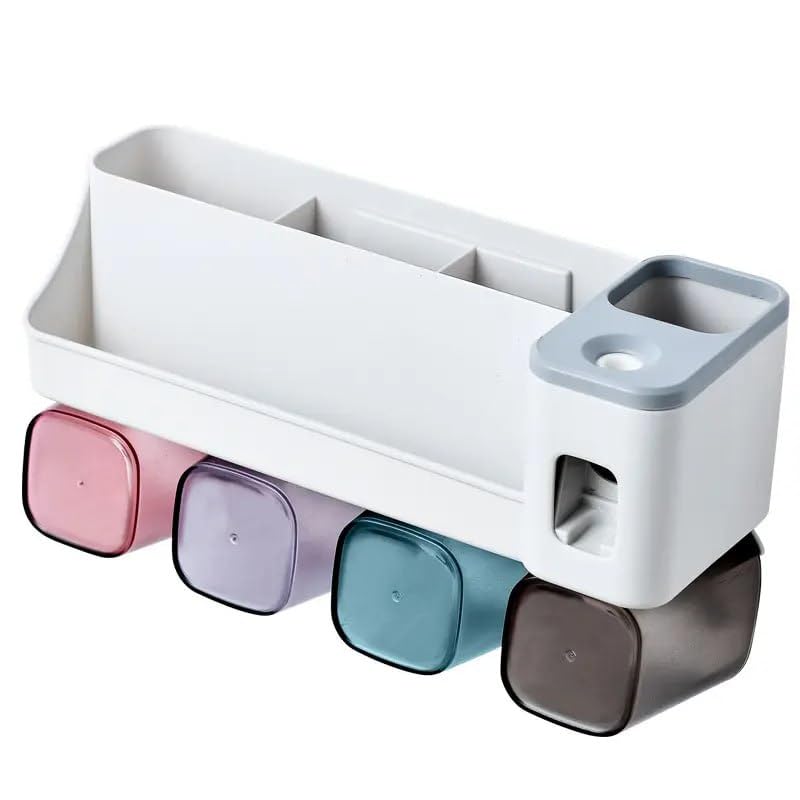 SHOPECOM حامل فرشاة الأسنان 4 أكواب مع موزع معجون الأسنان الأوتوماتيكي | منظم فرشاة الأسنان متعدد المساحات مع أكواب للمنزل، الحمام، حوض الغسيل | فتحات فرشاة بدون حاجة للحفر - Image 3