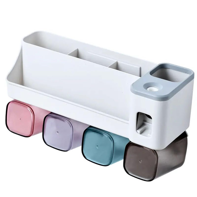 SHOPECOM حامل فرشاة الأسنان 4 أكواب مع موزع معجون الأسنان الأوتوماتيكي | منظم فرشاة الأسنان متعدد المساحات مع أكواب للمنزل، الحمام، حوض الغسيل | فتحات فرشاة بدون حاجة للحفر - Image 1