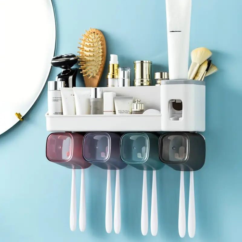 SHOPECOM حامل فرشاة الأسنان 4 أكواب مع موزع معجون الأسنان الأوتوماتيكي | منظم فرشاة الأسنان متعدد المساحات مع أكواب للمنزل، الحمام، حوض الغسيل | فتحات فرشاة بدون حاجة للحفر - Image 2
