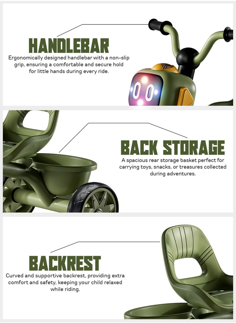 Baybee Robo Baby Tricycle for Kids, Smart Plug n Play Kids Cycle with Music, Light, High backrest u0026 Rear Storage Baskets | Kids Tricycle | Baby Cycle for Kids 2 to 5 Years Boy Girl Green  - Image 3