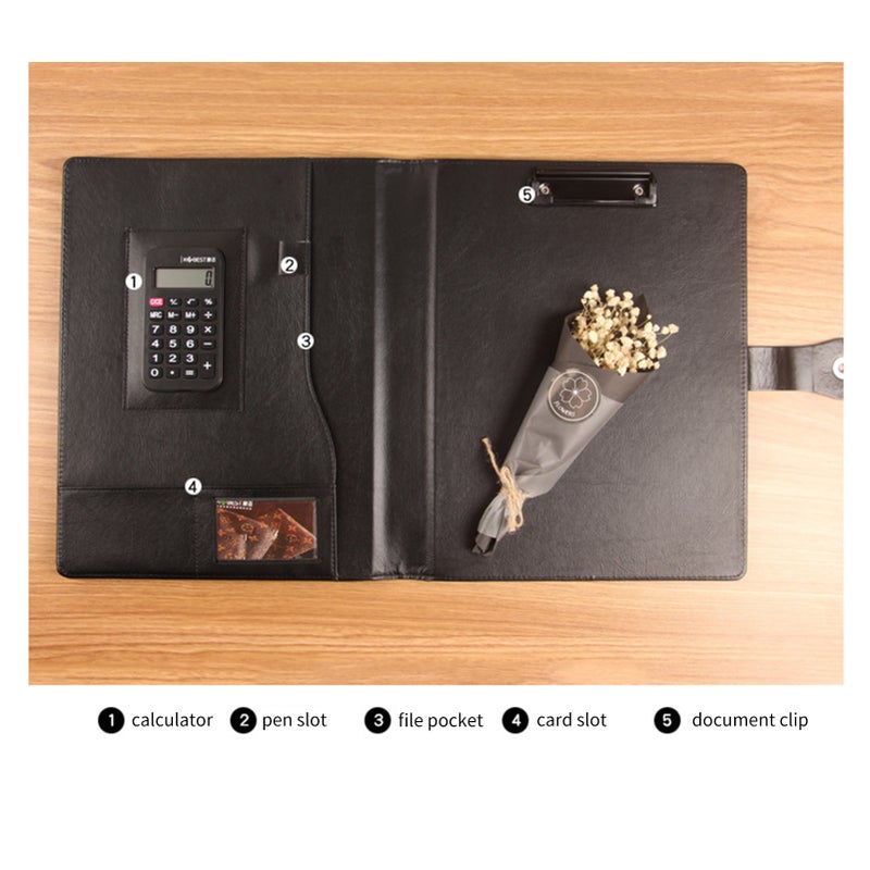 A4 business Leather Portfolio with Calculator Binder Card Slot Manager Office Document Pad Briefcase PU File Folder for Businessman Men Women Student - Image 3