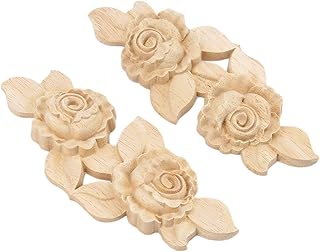 MUXSAM 2Pcs Wood Carved Molding Corner Onlay Applique Rose with Stem Door Cabinet Decor Unpainted Dress Up Furniture, - Image 1