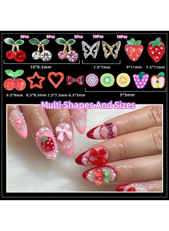 CESUSME 3D Fruit Cherry Nail Charms, Gold&Silver Butterfly Cherry Alloy Nail Gems Charms+Bow Strawberry Heart Star Acrylic Nails Art Charms+Color Fruit Slices Nail Charms For Nails Design - Image 2