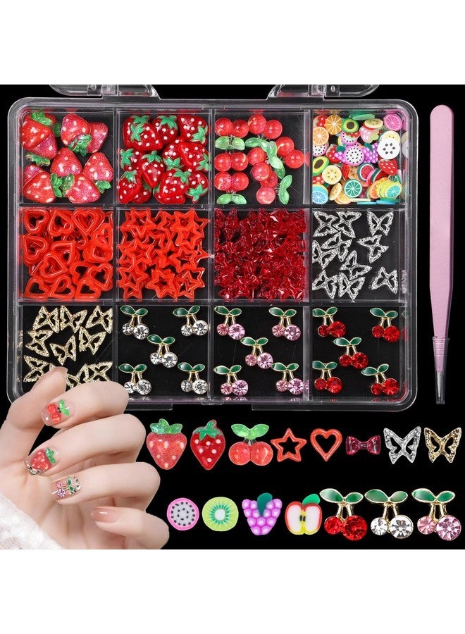 CESUSME 3D Fruit Cherry Nail Charms, Gold&Silver Butterfly Cherry Alloy Nail Gems Charms+Bow Strawberry Heart Star Acrylic Nails Art Charms+Color Fruit Slices Nail Charms For Nails Design - Image 1