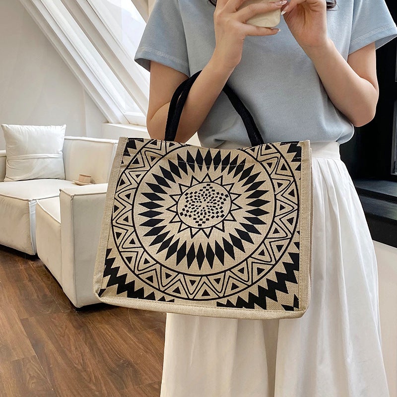 Single Shoulder Linen Bag Geometric Retro Casual Shopping Bag Korean Style Storage Large Capacity Handheld Tote Bag - Image 5