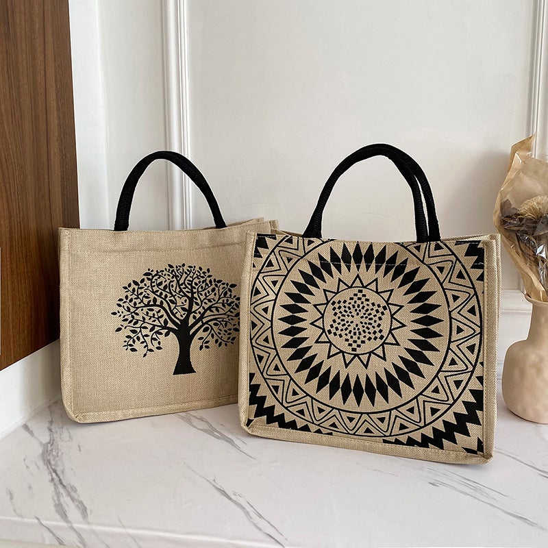 Single Shoulder Linen Bag Geometric Retro Casual Shopping Bag Korean Style Storage Large Capacity Handheld Tote Bag - Image 2