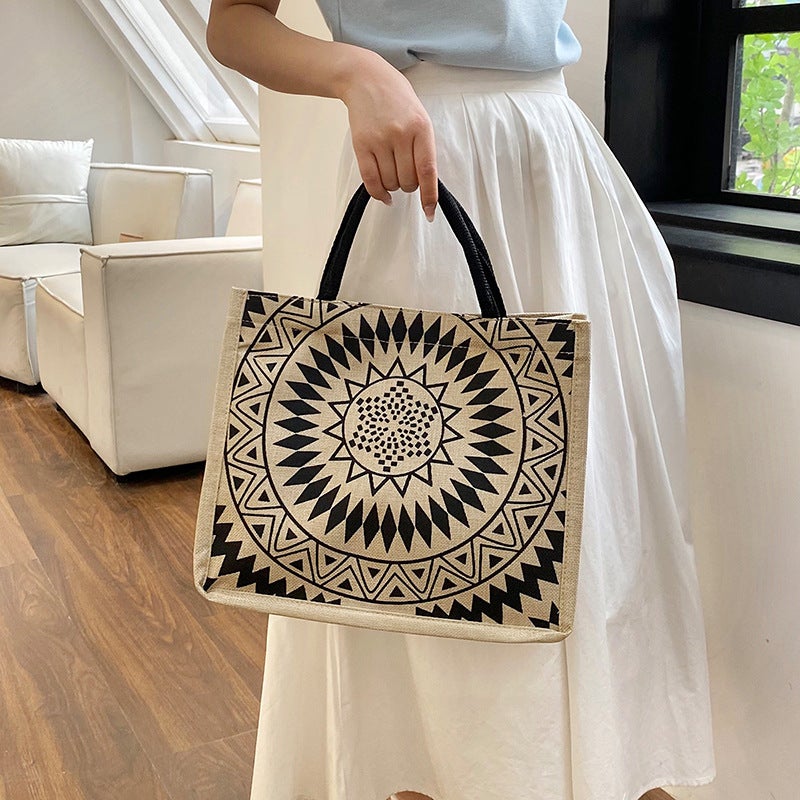 Single Shoulder Linen Bag Geometric Retro Casual Shopping Bag Korean Style Storage Large Capacity Handheld Tote Bag - Image 3
