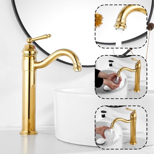 GGStudy Tall Body Single Handle One Hole Bathroom Vessel Sink Faucets Gold Finish with Pop Up Drian Without Overflow - Image 3