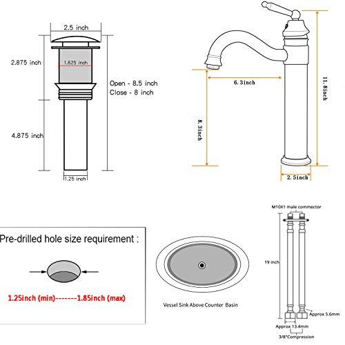 GGStudy Tall Body Single Handle One Hole Bathroom Vessel Sink Faucets Gold Finish with Pop Up Drian Without Overflow - Image 2