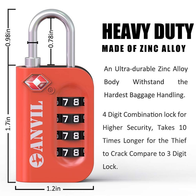 Anvil ANVIL TSA Approved Luggage Lock - 4 Digit Combination, 10,000 Combinations, Easy-Read Password Window, Travel Lock for Suitcases, Backpacks, Gym & Student Lockers, Baggage (Orange 2 Pack)  - Image 4