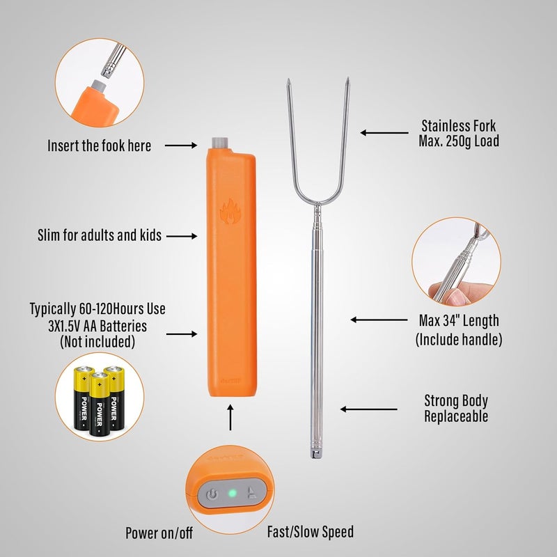 derYEP Electric Roasting Stick, Automatic Rotate BBQ Fork For Fire Pit, Chicken Wings Hotdogs Kebabs S'mores Roaster, Outdoor Camping Kit, Rotisserie Skewer, 34" 1 PACK (Orange) - Image 4