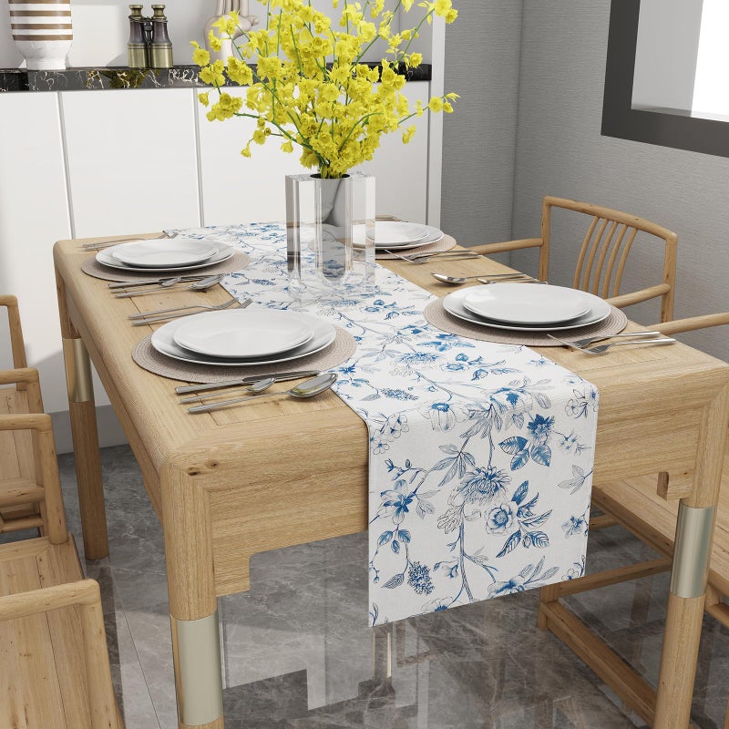 Rotumaty Blue and White Floral Table Runner - Monochrome Sketch Flowers Chinoiserie Peony Daisy Decor Summer Spring Seasonal Home Decorations for Kitchen Dining Table Party Ornaments 13 Ã— 72 Inch - Image 2