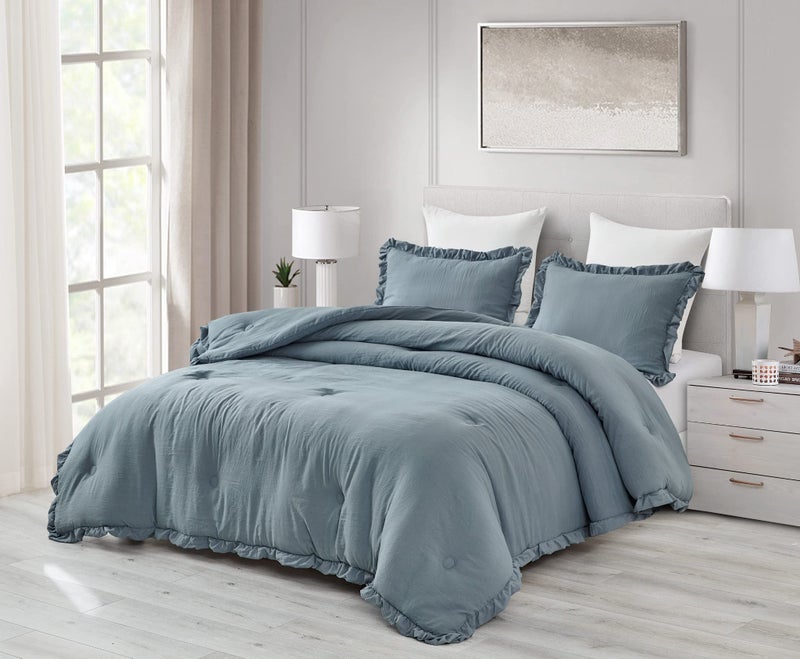 Chezmoi Collection Chezmoi Collection Nora 3Piece Ruffled Edge Trim Soft Washed Microfiber Comforter Set King Dusty Blue 