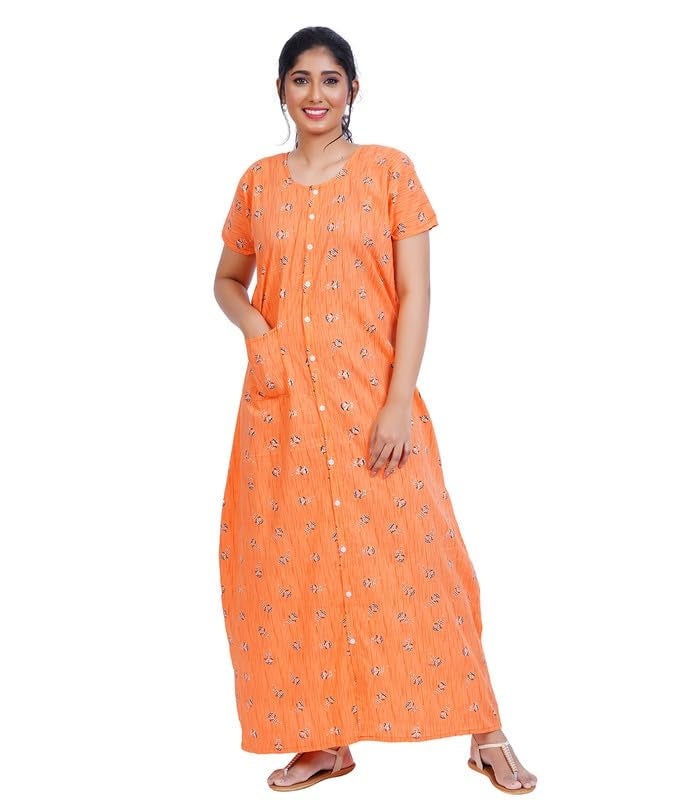 MENMAII Full Length [L-4XL] - Women's Full Open/Front Buttoned Multipurpose Nighty for Pregnancy/Elderly/Patient/Feeding/Hospital Purpose Nighty [a Kind of Adaptive Clothing] -[Orange_XL] - Image 1