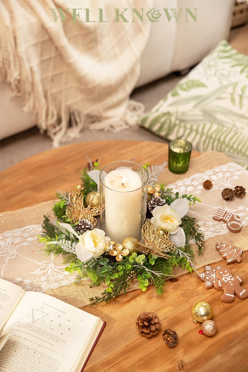 WELL KNOWN Artificial Flower Candle Rings Wreath, 12" Small Wreath for Camdle Holder or Candelabrum, Butterfly Dining Table Centerpieces for Home Wedding Party & Hanging Decor (Gold White & Green) - Image 3