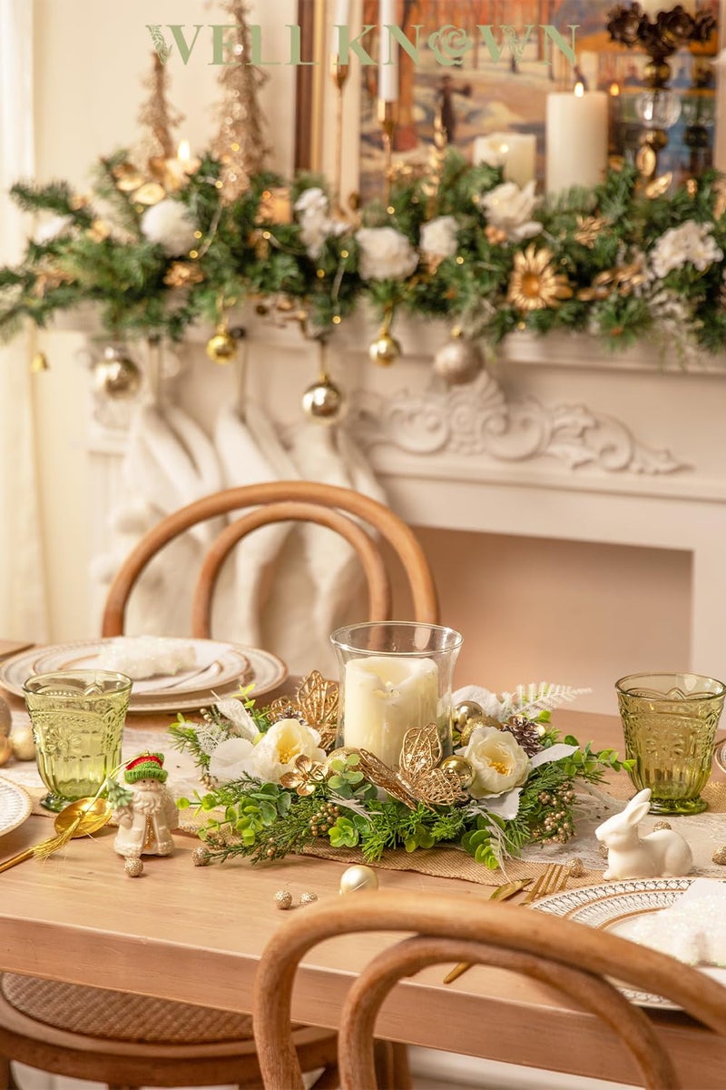 WELL KNOWN Artificial Flower Candle Rings Wreath, 12" Small Wreath for Camdle Holder or Candelabrum, Butterfly Dining Table Centerpieces for Home Wedding Party & Hanging Decor (Gold White & Green) - Image 5
