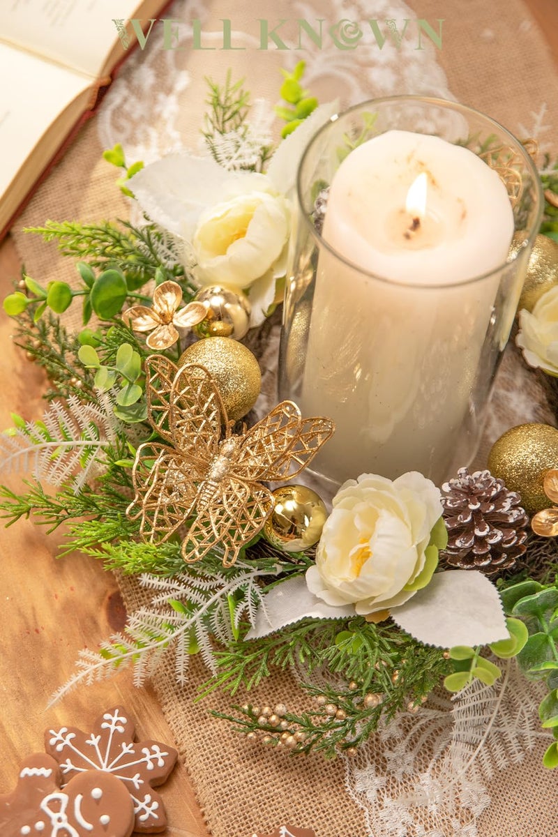 WELL KNOWN Artificial Flower Candle Rings Wreath, 12" Small Wreath for Camdle Holder or Candelabrum, Butterfly Dining Table Centerpieces for Home Wedding Party & Hanging Decor (Gold White & Green) - Image 4