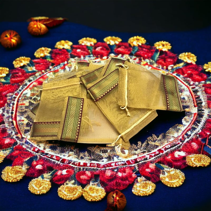 Krisah Pack of 50 pcs Potli Gift Pouches Bags, Small Size,18 cm X 12 cm, Golden & Maroon Organza Border - Image 5