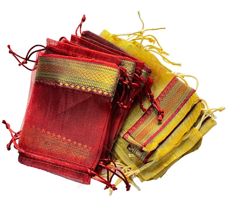 Krisah Pack of 50 pcs Potli Gift Pouches Bags, Small Size,18 cm X 12 cm, Golden & Maroon Organza Border - Image 1
